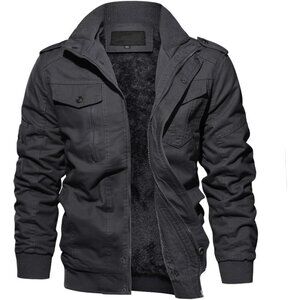Men's Gray  Winter Cargo Fleece Sherpa Lined Casual Windproof Bomber Jacket